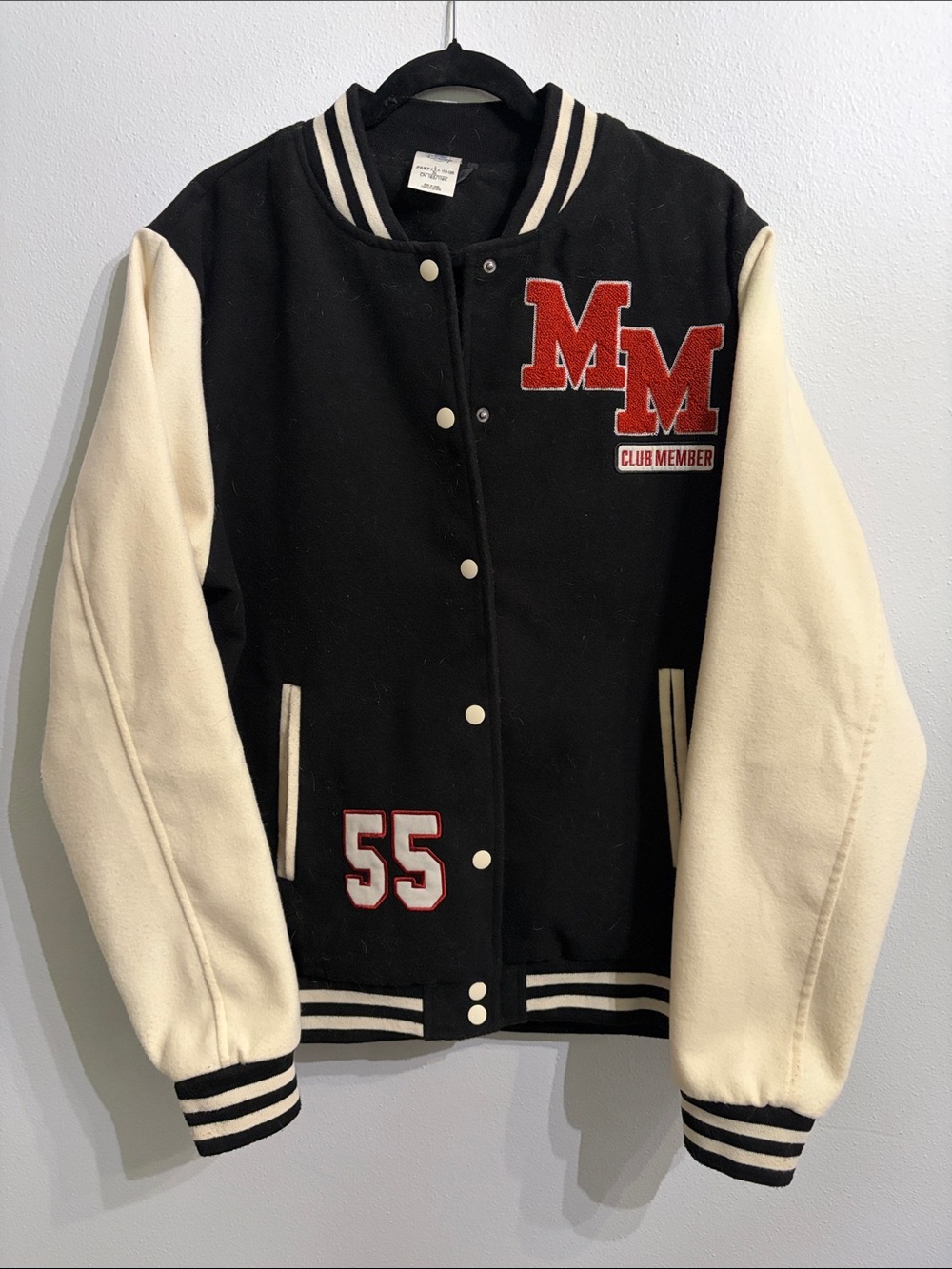 Mickey Mouse Black and Cream Varsity Jacket with Red Lettering